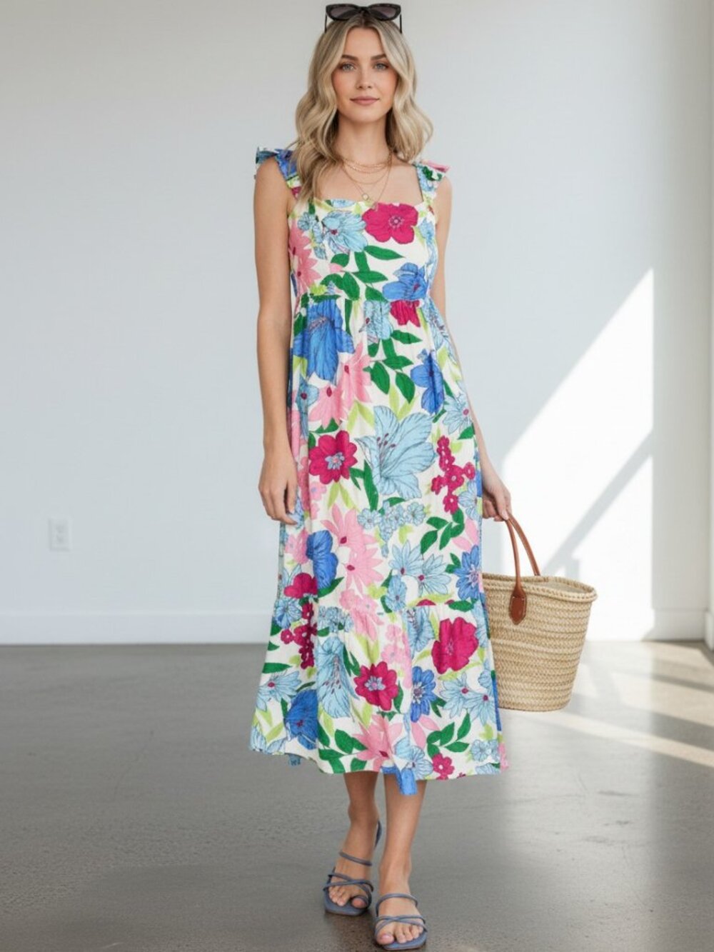 Umgee NWT Floral Ruffle Strap Smocked Midi Sundress Scallop Hem Sz S